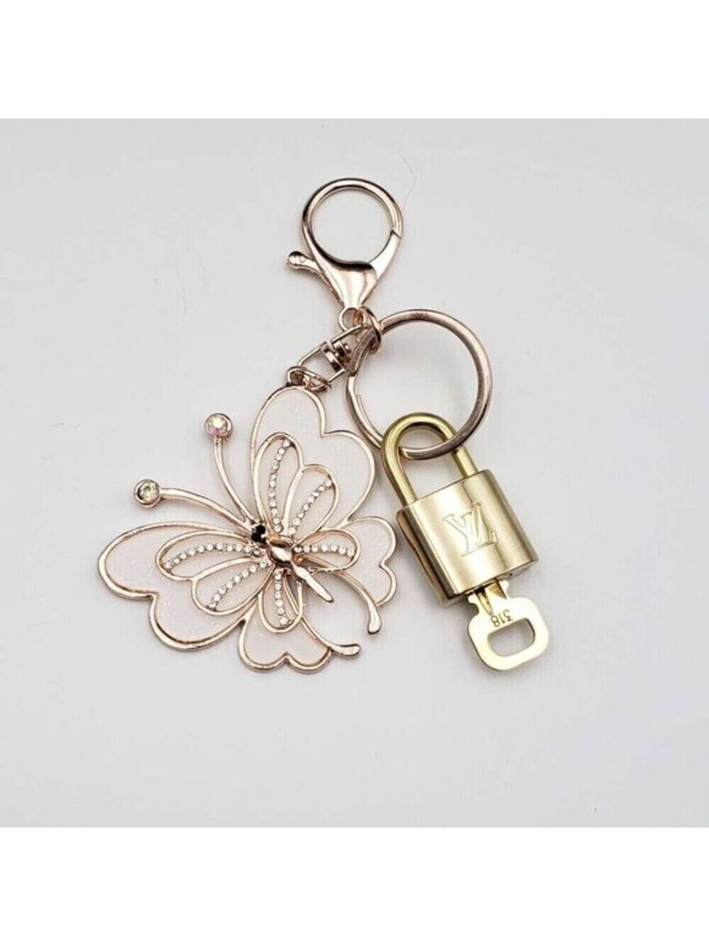 LV Authentic Gold Lock & Key 🔑 Luxury Bag Charm w/ Unbranded Butterfly Keychain